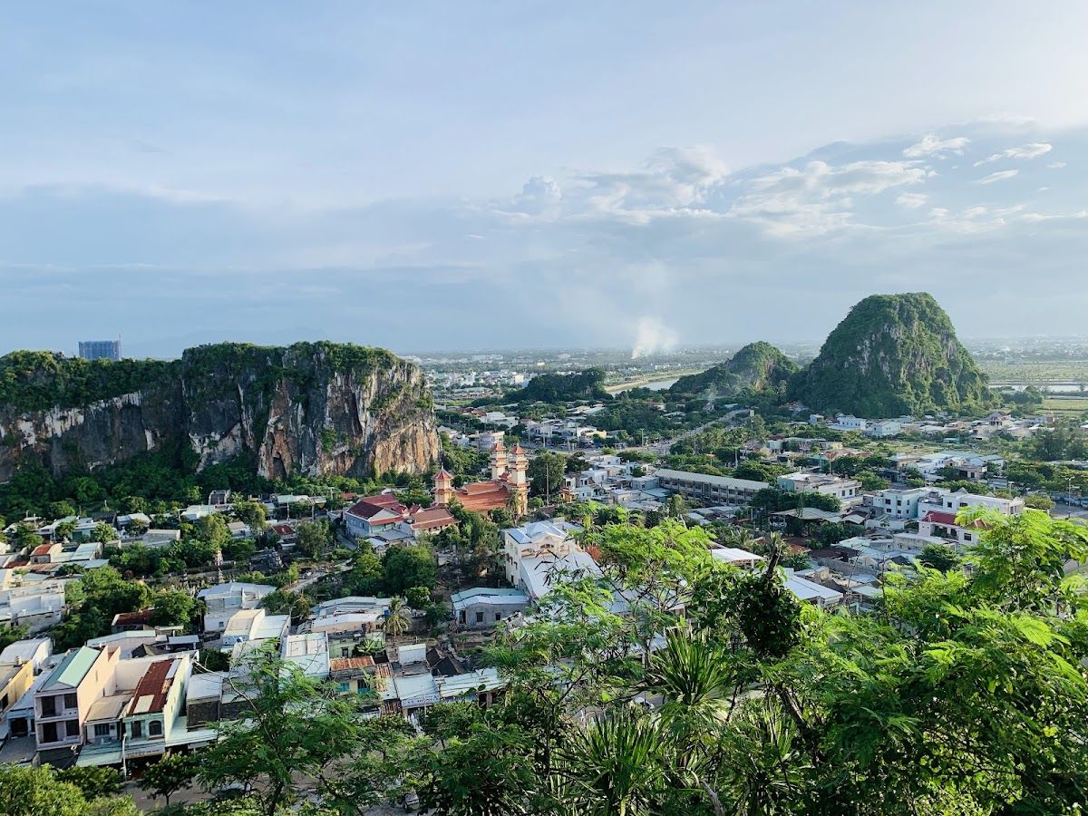 View from Thuy Son looking across the Marble Mountains limestone hills and Da Nang city below